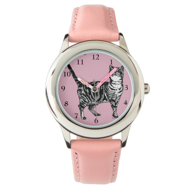 Tabby Cat Black White Cats Cute Pink  Girls Watch (Front)