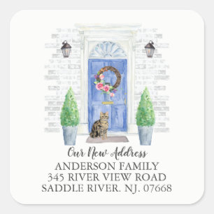 Tabby Cat Blue Door New Address Étiquette Sticker