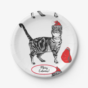 Tabby Cat Christmas Cats Red White Funny Paper Pla Plate