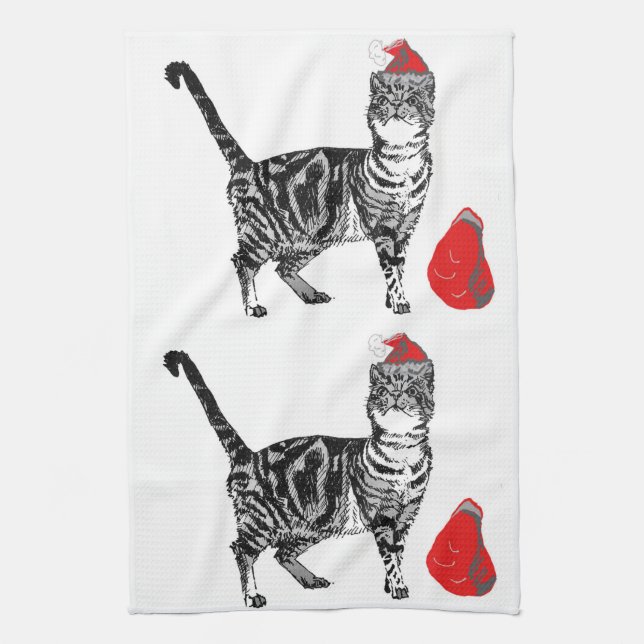 Tabby Cat Christmas Cool Cat Red White Kitchen Towel (Vertical)