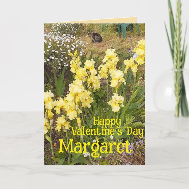 Tabby Cat Cute Yellow Iris Valentines Wifes Name Card (Front)
