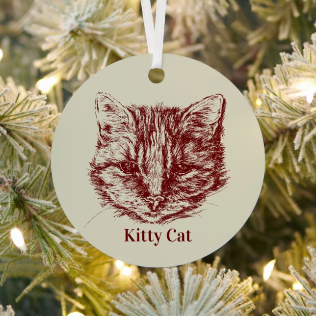 Tabby Cat Drawing Custom Colour Personalized Name Metal Ornament (Insitu)