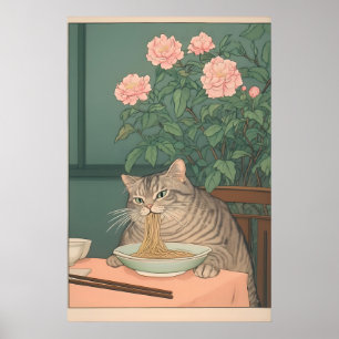 Tabby Cat Eating Noodles Ukiyo-e Art Print