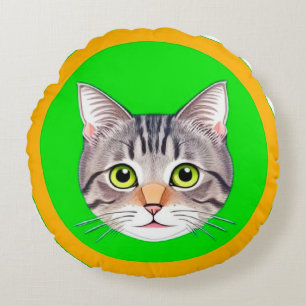 Tabby Cat Face in Vibrant Circular Frame Round Pillow