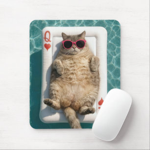 Tabby Cat Floating On Queen of Hearts Pool Float Mouse Pad