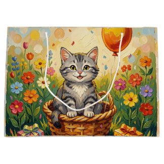 Tabby Cat & Flowers | Girl's Happy Birthday Large Gift Bag
