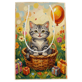 Tabby Cat & Flowers | Girl's Happy Birthday Medium Gift Bag