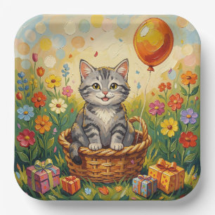Tabby Cat & Flowers Girl's Happy Birthday Paper Plate