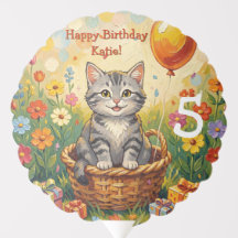 Tabby Cat & Flowers Girl's Personalized Birthday