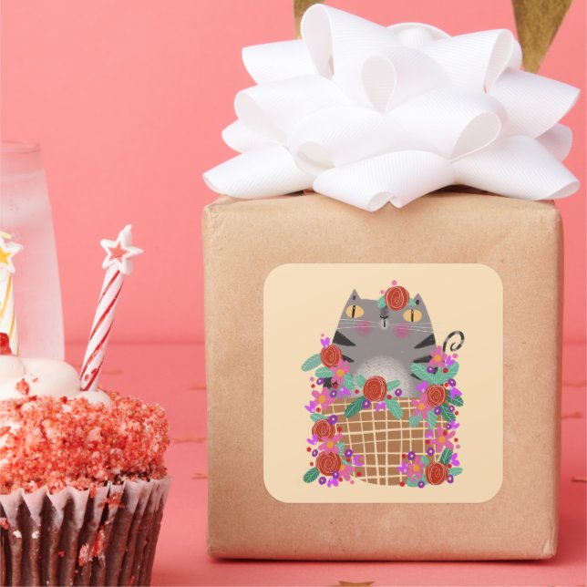 Tabby cat & flowers square sticker (Party)
