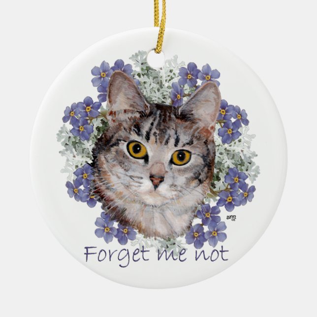 Tabby Cat Forget Me Not Ceramic Ornament (Front)