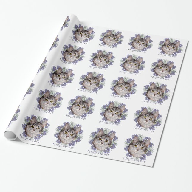 Tabby Cat Forget Me Not Wrapping Paper (Unrolled)