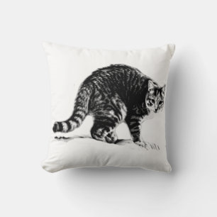 Tabby Cat Full‑Body Monochrome Throw Pillow