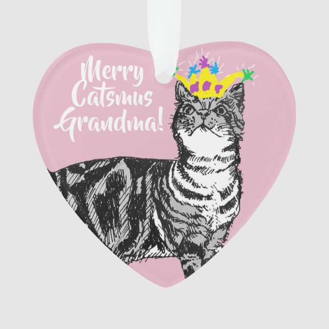 Tabby Cat Grandma Pink Merry Christmas Decoration (Front)