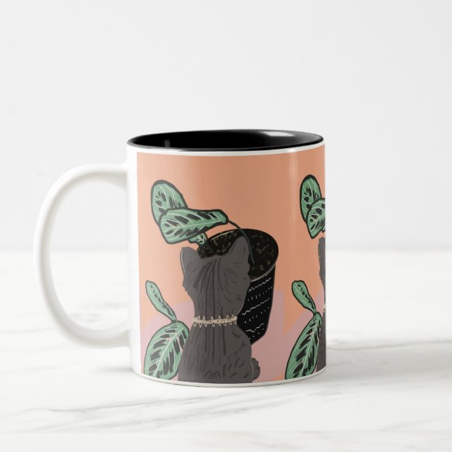 Tabby Cat Grey Plants  Two-Tone Coffee Mug (Left)