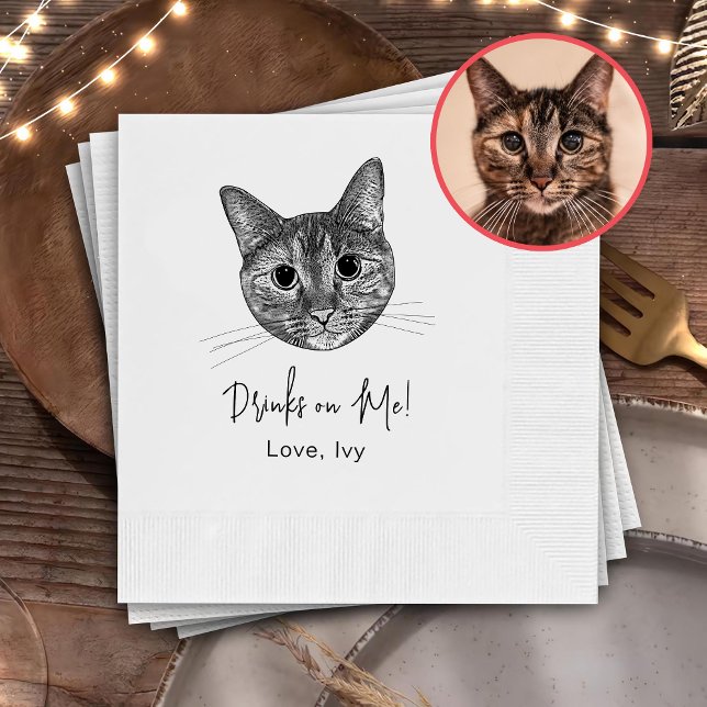 Tabby Cat Hand Drawing Personalized Drinks On Me Napkin (Creator Uploaded)