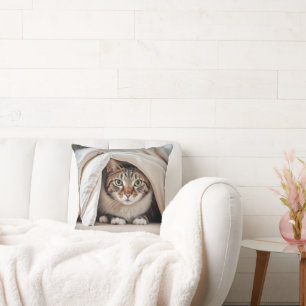 Tabby Cat Hiding Under a Blanket Throw Pillow