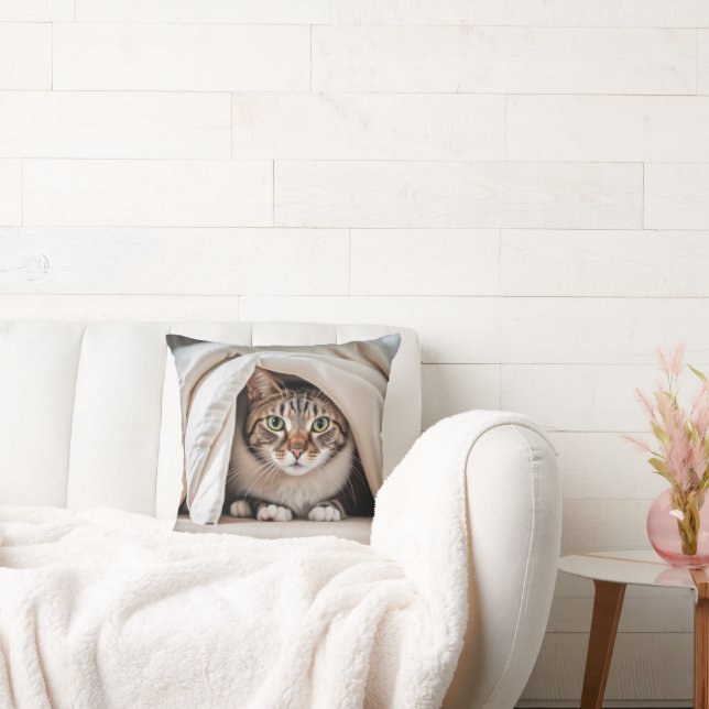 Tabby Cat Hiding Under a Blanket Throw Pillow (Couch)