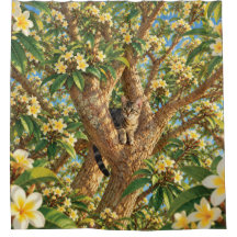 Tabby Cat in a Blooming Plumeria Shower Curtain