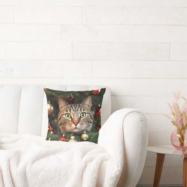 Tabby Cat In A Christmas Tree Throw Pillow (Couch)