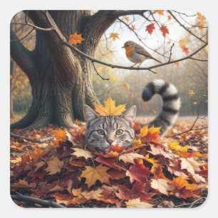 Tabby Cat In a Pile of Autumn Leaves Square Sticker