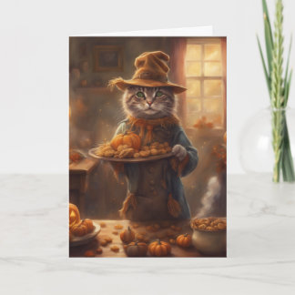 Tabby cat in a scarecrow costume Halloween  Card
