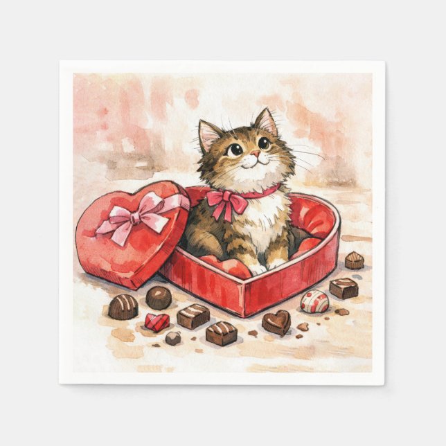 Tabby Cat In a Valentine Heart Candy Box Napkin (Front)