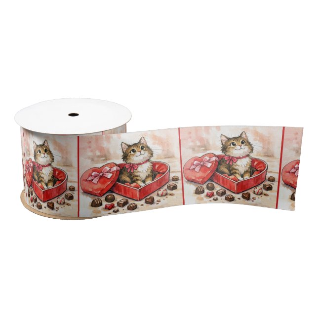 Tabby Cat In a Valentine Heart Candy Box Satin Ribbon (Spool)