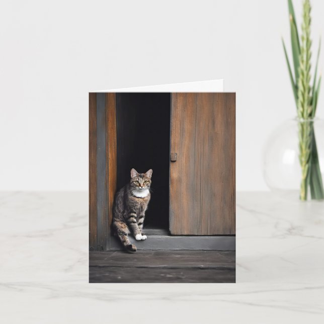 Tabby Cat in Barn Doorway Note Card (Front)