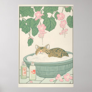 Tabby Cat in Bathtub Art Print Japanese Bathroom