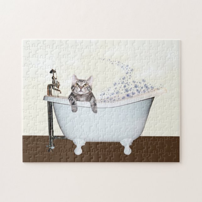 Tabby cat in bathtub jigsaw puzzle (Horizontal)