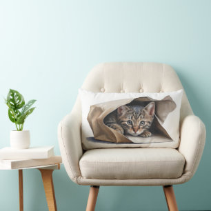 Tabby Cat In Paper Bag  Lumbar Pillow