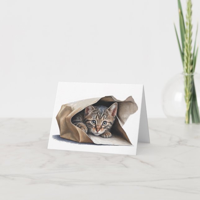 Tabby Cat In Paper Bag  Note Card (Front)
