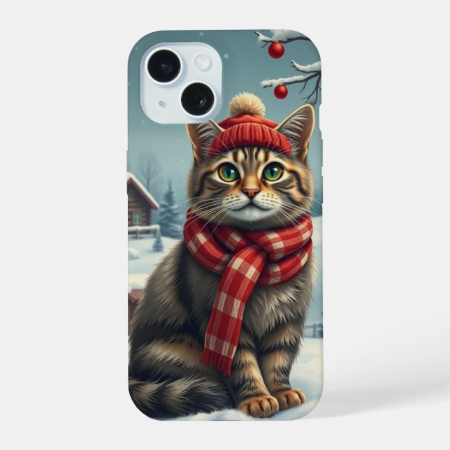 Tabby Cat in Preppy Winter Attire and Hat   iPhone 15 Case (Back)