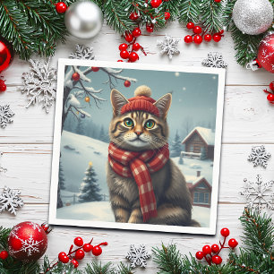 Tabby Cat in Preppy Winter Attire and Hat Napkin