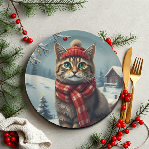 Tabby Cat in Preppy Winter Attire and Hat   Paper Plate