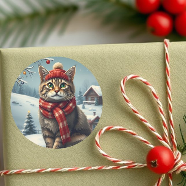 Tabby Cat in Preppy Winter Attire and Hat Winter Classic Round Sticker (Creator Uploaded)