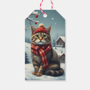 Tabby Cat in Preppy Winter Attire and Hat Winter Gift Tags