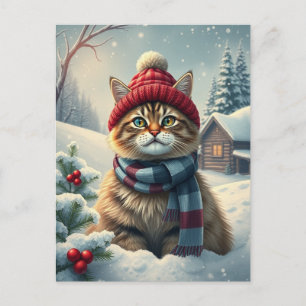 Tabby Cat in Preppy Winter Attire and Hat Winter Holiday Postcard