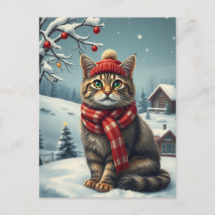 Tabby Cat in Preppy Winter Attire and Hat Winter Holiday Postcard