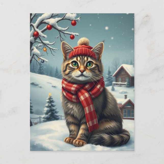 Tabby Cat in Preppy Winter Attire and Hat Winter Holiday Postcard (Front)