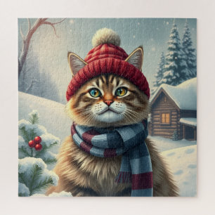 Tabby Cat in Preppy Winter Attire and Hat Winter Jigsaw Puzzle