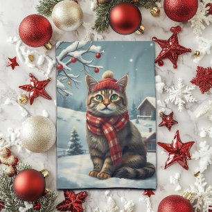 Tabby Cat in Preppy Winter Attire and Hat Winter Kitchen Towel