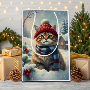 Tabby Cat in Preppy Winter Attire and Hat Winter Medium Gift Bag