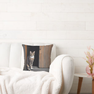 Tabby Cat in Shed Doorway Throw Pillow