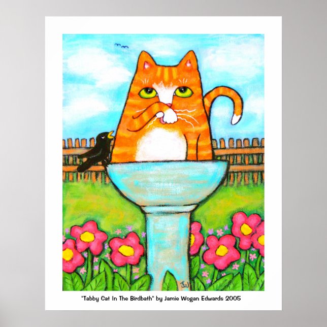 Tabby Cat In The Birdbath Poster (Front)