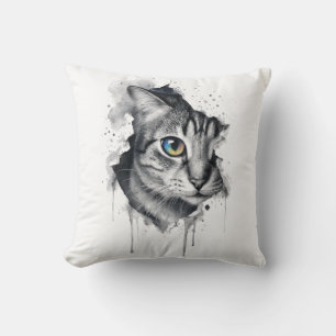 Tabby Cat Ink Portrait with Rainbow Eye Throw Pillow