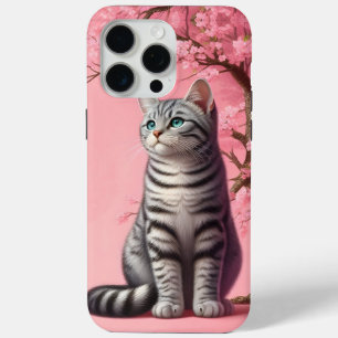 Tabby Cat Japanese Cherry Blossom Flower Kitten iPhone 15 Pro Max Case
