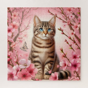 Tabby Cat Japanese Cherry Blossom Flower Kitten Jigsaw Puzzle