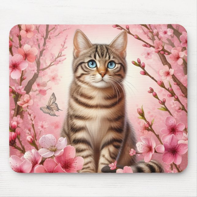 Tabby Cat Japanese Cherry Blossom Flower Kitten Mouse Pad (Front)